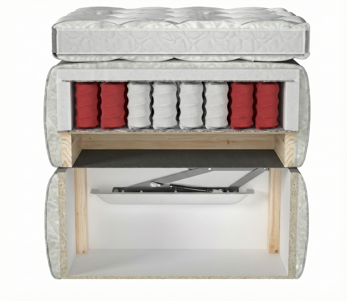 Lit BOXSPRING type BOXBED SOMMEIL - Avec tête de lit, coffre intégré, matelas ressorts ensachés et surmatelas inclus